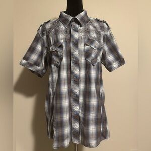 EUC Manchester Blue and Brown Pearl Snap Grunge Button Down size XL